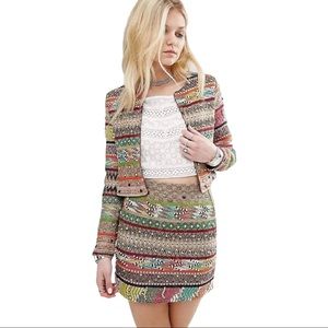 Glamorous Multi Geo-Tribal Stripe Trophy Embelished Open Front Cropped Jacket